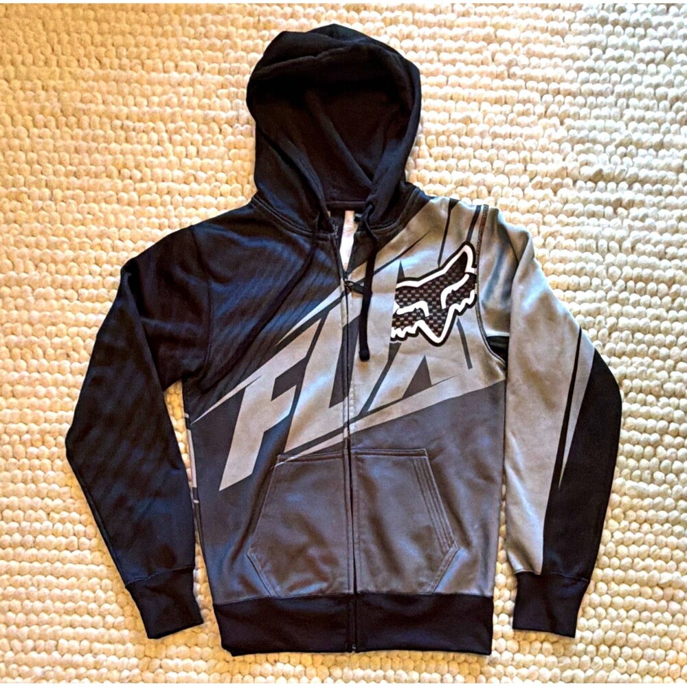 Fox Men’s S Black/Gray Fleece Full Zip Hoodie Graphic Print w/ Pockets Small